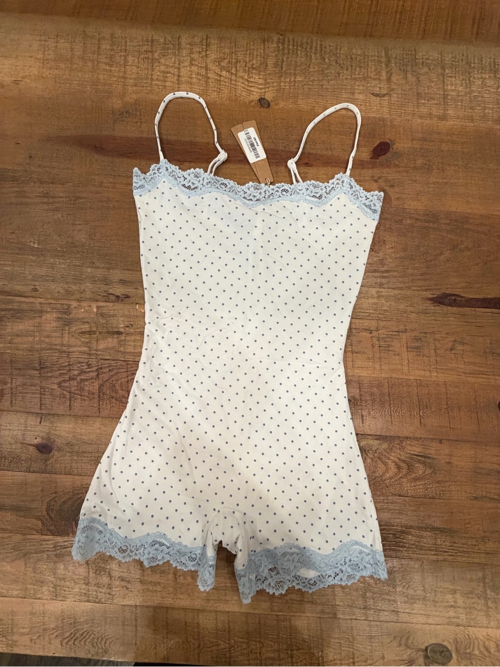 SKIMS Cream Polka Dot Lace-Trim Sleep onesie with Blue Lace